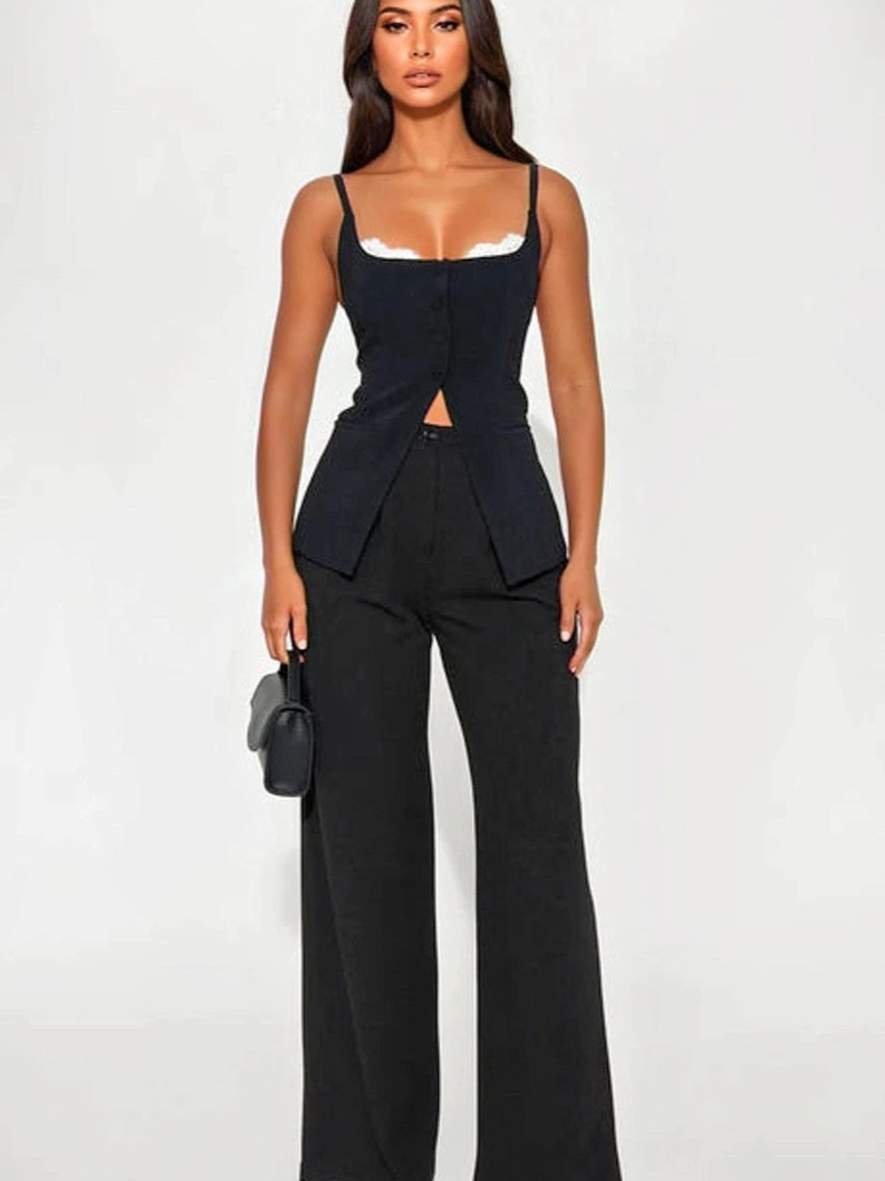 Fashion Nova Lace Trim Split Front Cami Top in Black